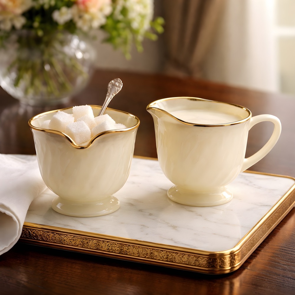 Vintage Fire King Milk Glass Cream and Sugar Set: Gold Trim